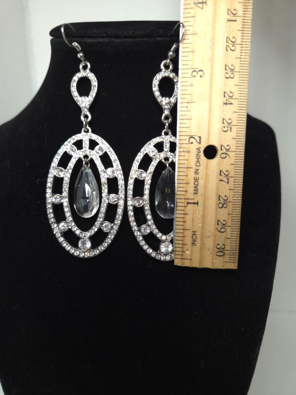 Large Rhinestone Silver-Tone Dangle Pierced Earrings - Picture 2 of 4
